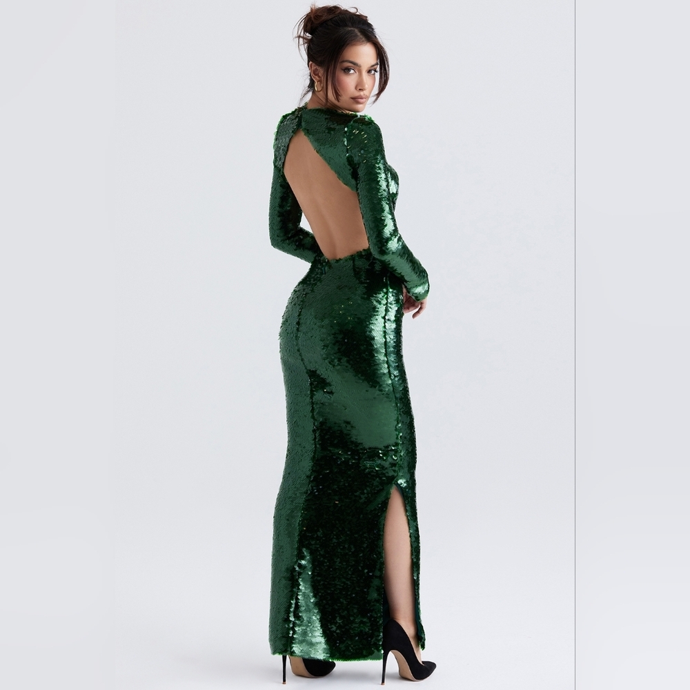 NWT House of CB Belle Green Sequin Long Sleeve Open Back Gown Maxi Dress S
